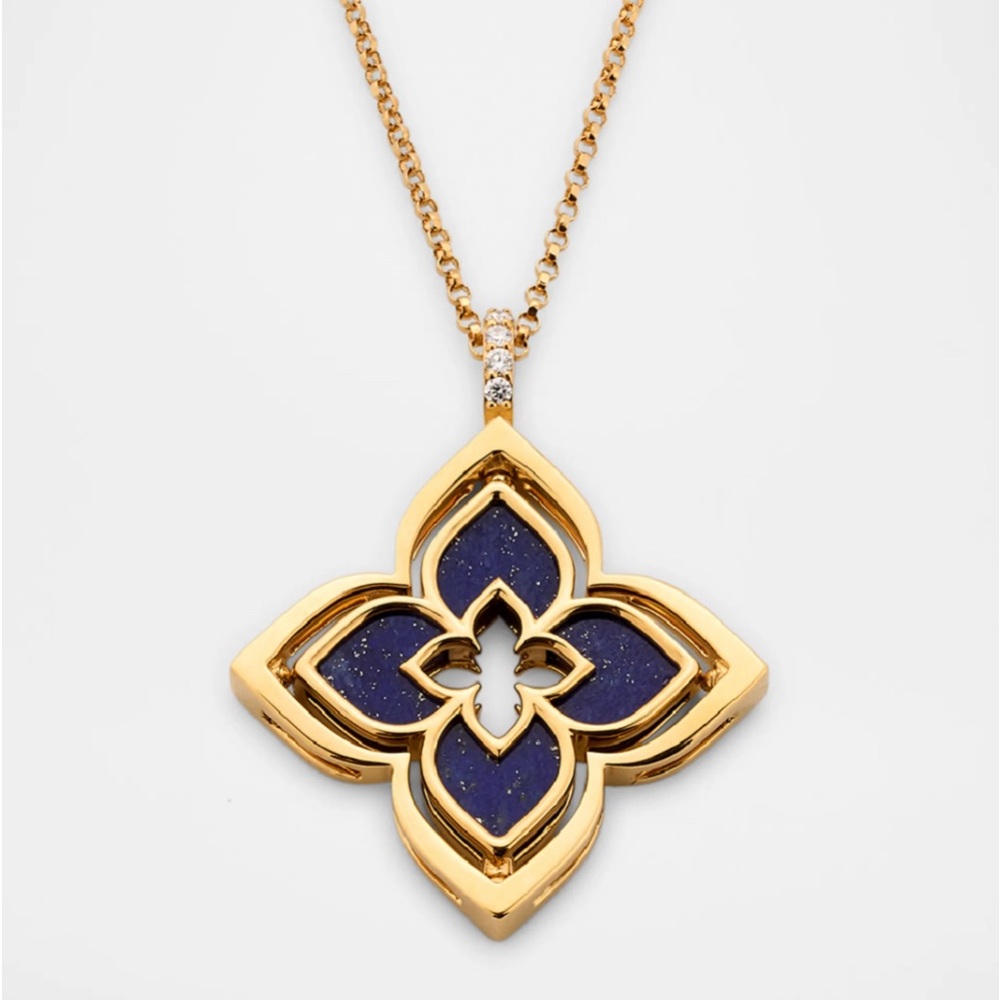 Roberto Coin Look-alike Blue Lapis & Gold Plated Pendant with Quatrefoil Design